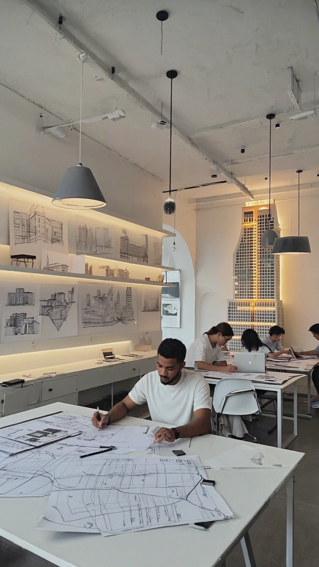 Architect focused on drafting blueprints in a modern studio
