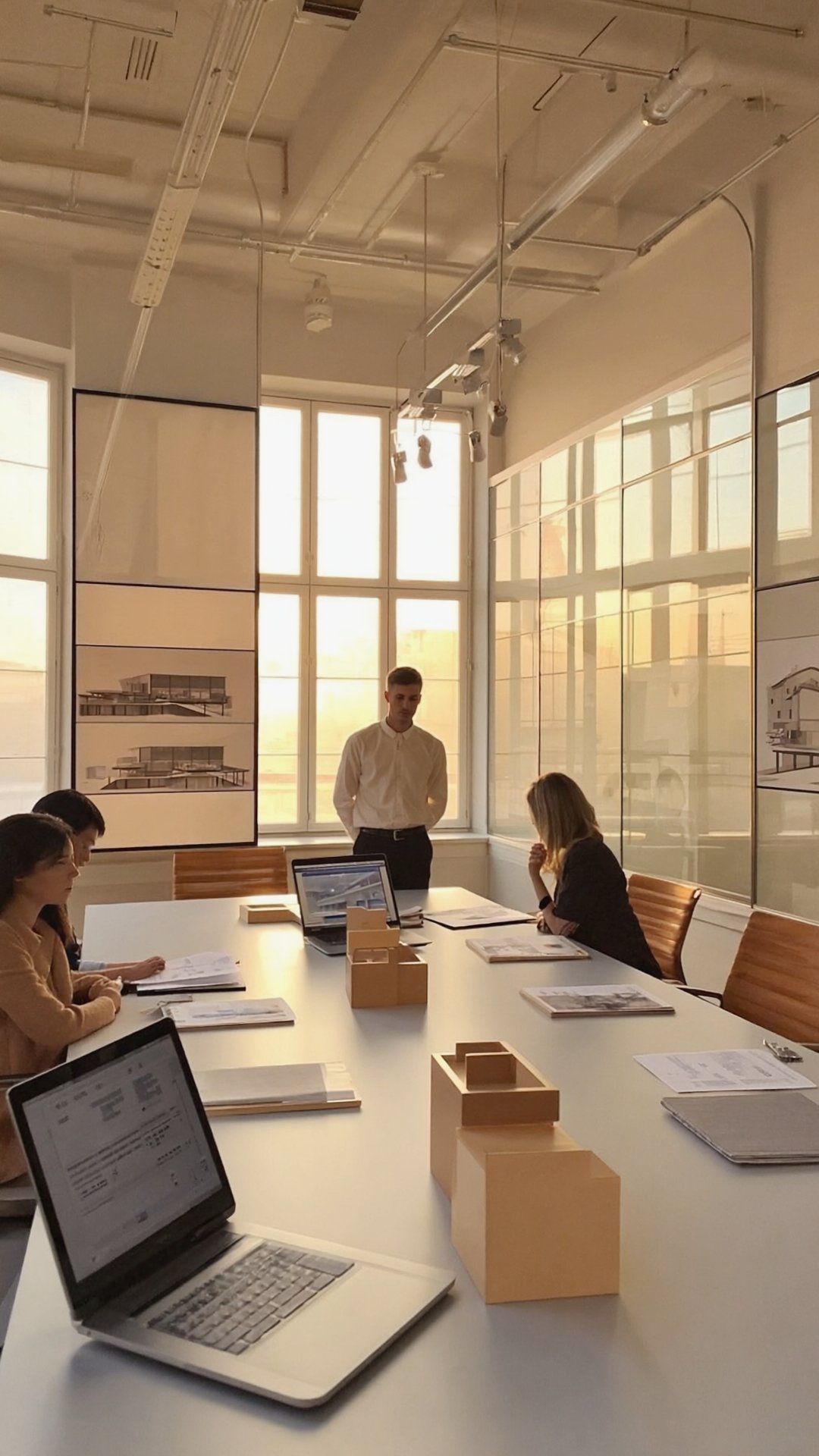 Architecture team collaborating around a table with laptops
