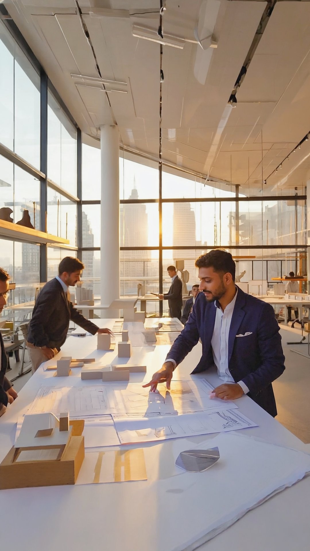 Architects reviewing project blueprints and models in a sunlit studio
