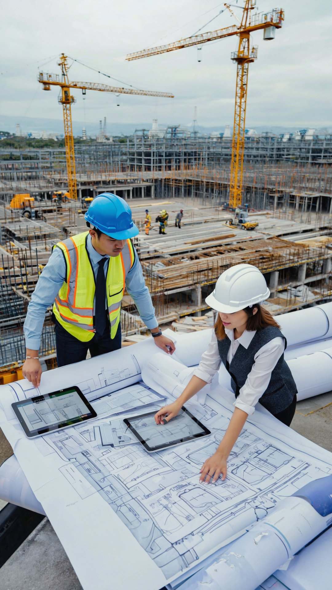 Project managers reviewing blueprints and digital plans on a construction site