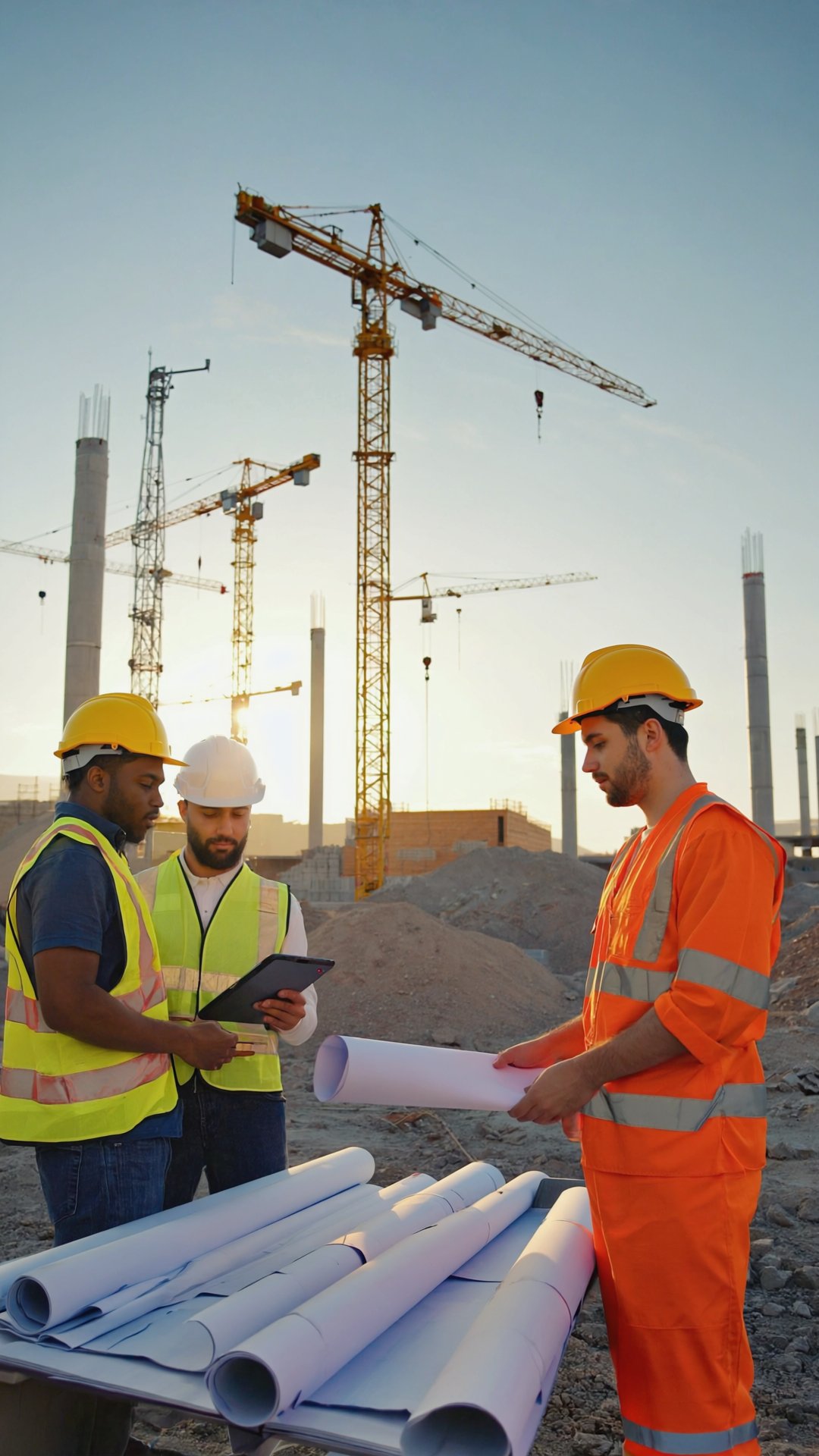 Construction crew reviewing plans and using a tablet on the job site