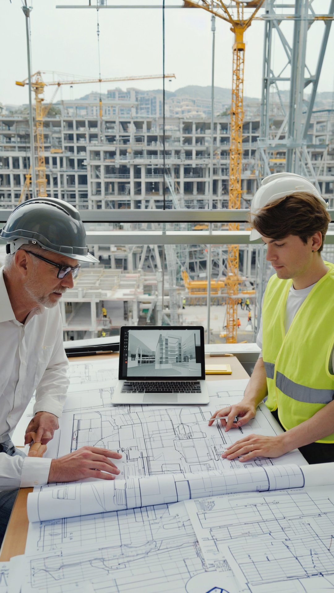 Engineers reviewing blueprints and 3D models with a laptop on site