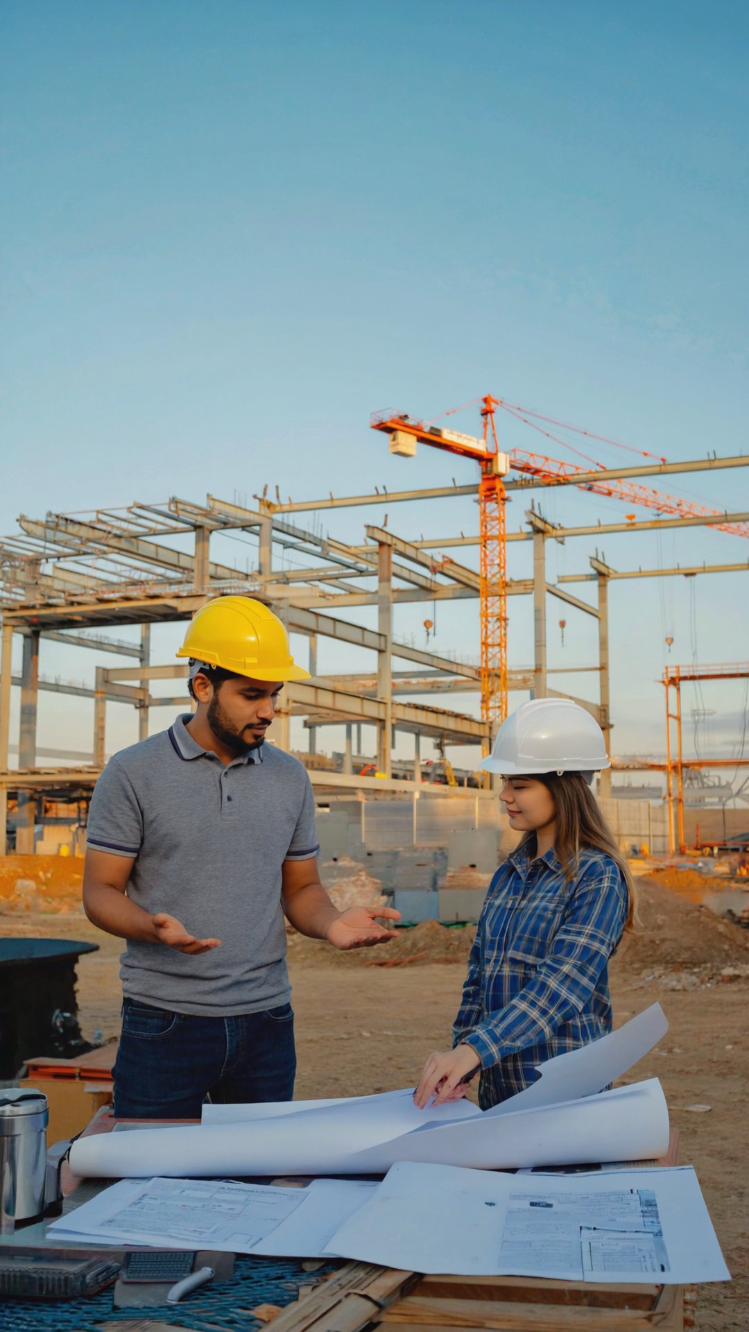 Construction workers planning at a job site with steel framework behind them