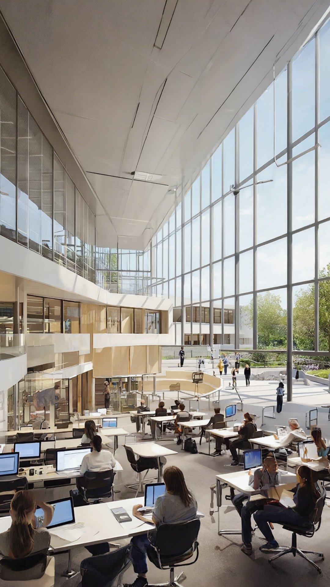 Modern university atrium with students working on computers