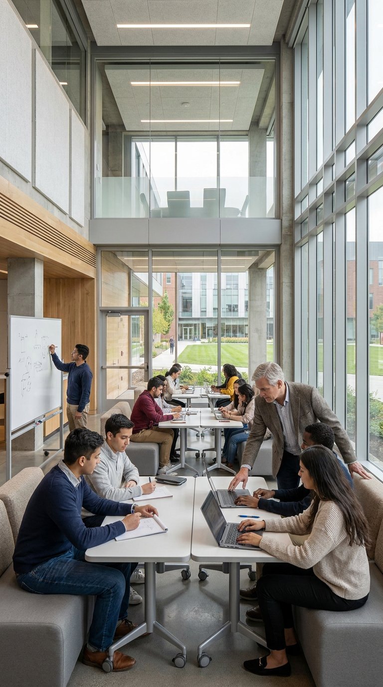 Overhead view of an active university classroom with students and instructor