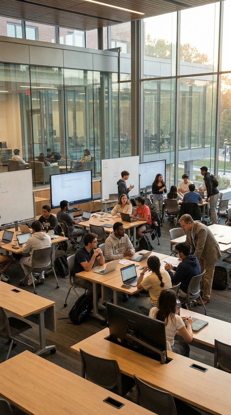 Professor assisting students with laptops in a collaborative learning environment