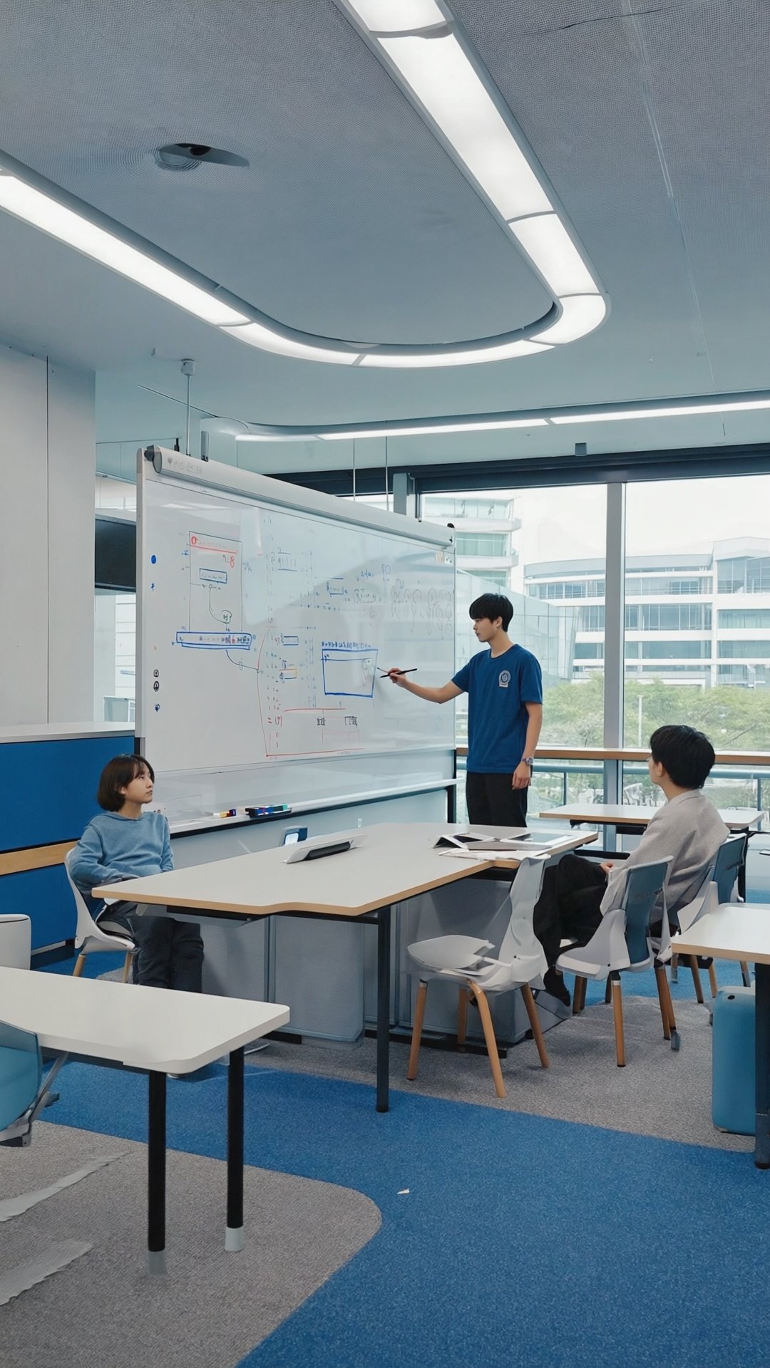 Students and teacher in a modern smart classroom