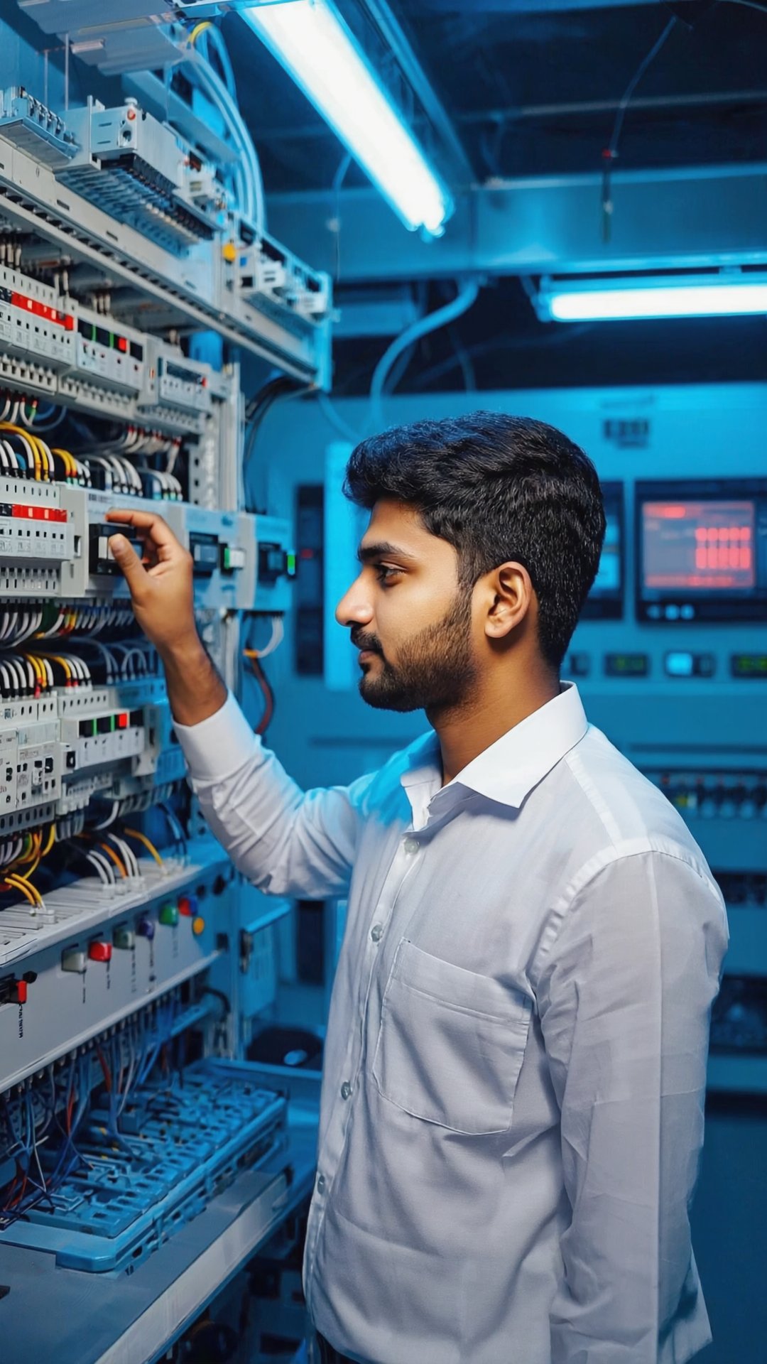 Engineer inspecting advanced electrical control systems and circuitry