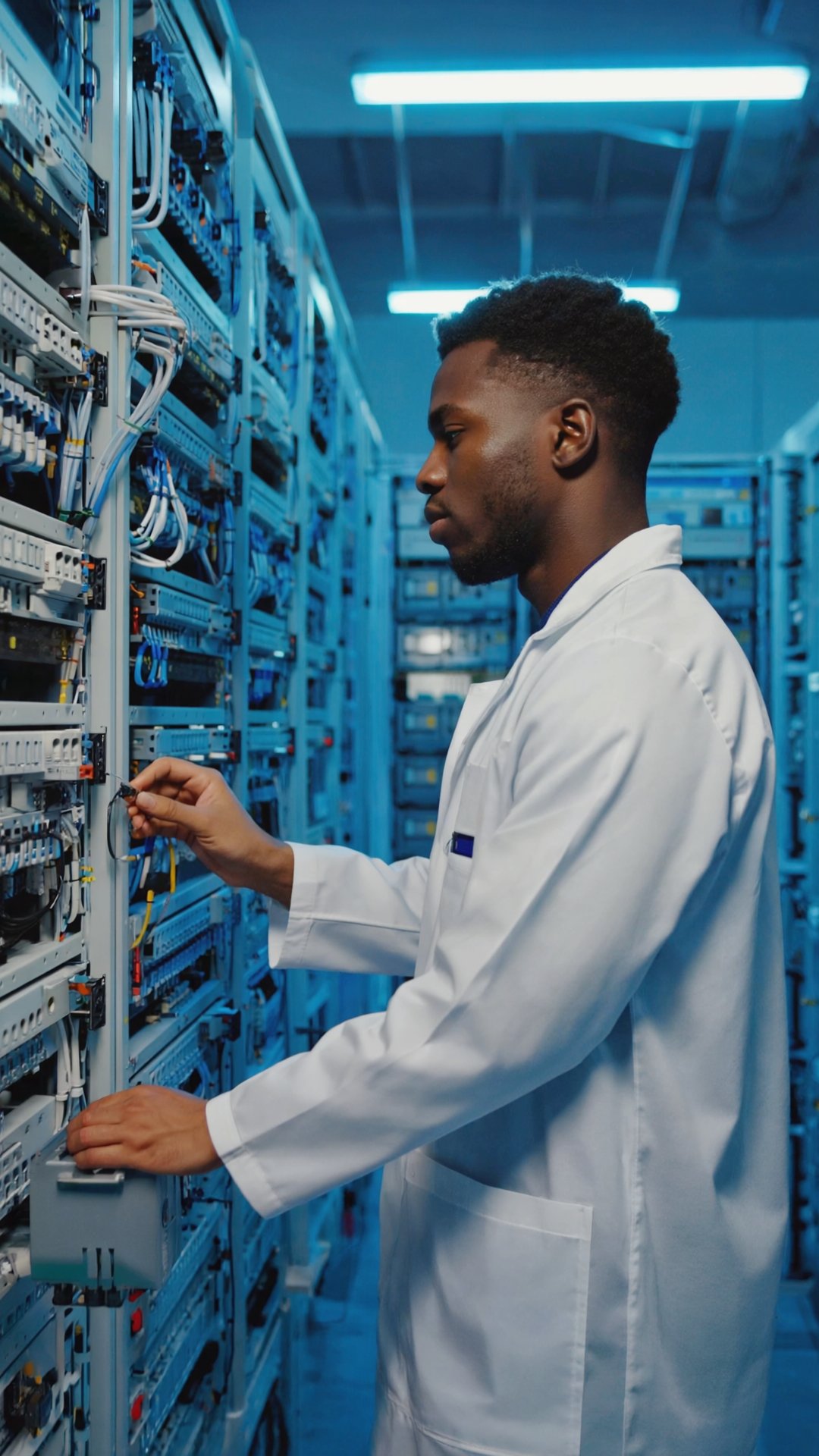 Electrical engineer inspecting advanced network and server infrastructure