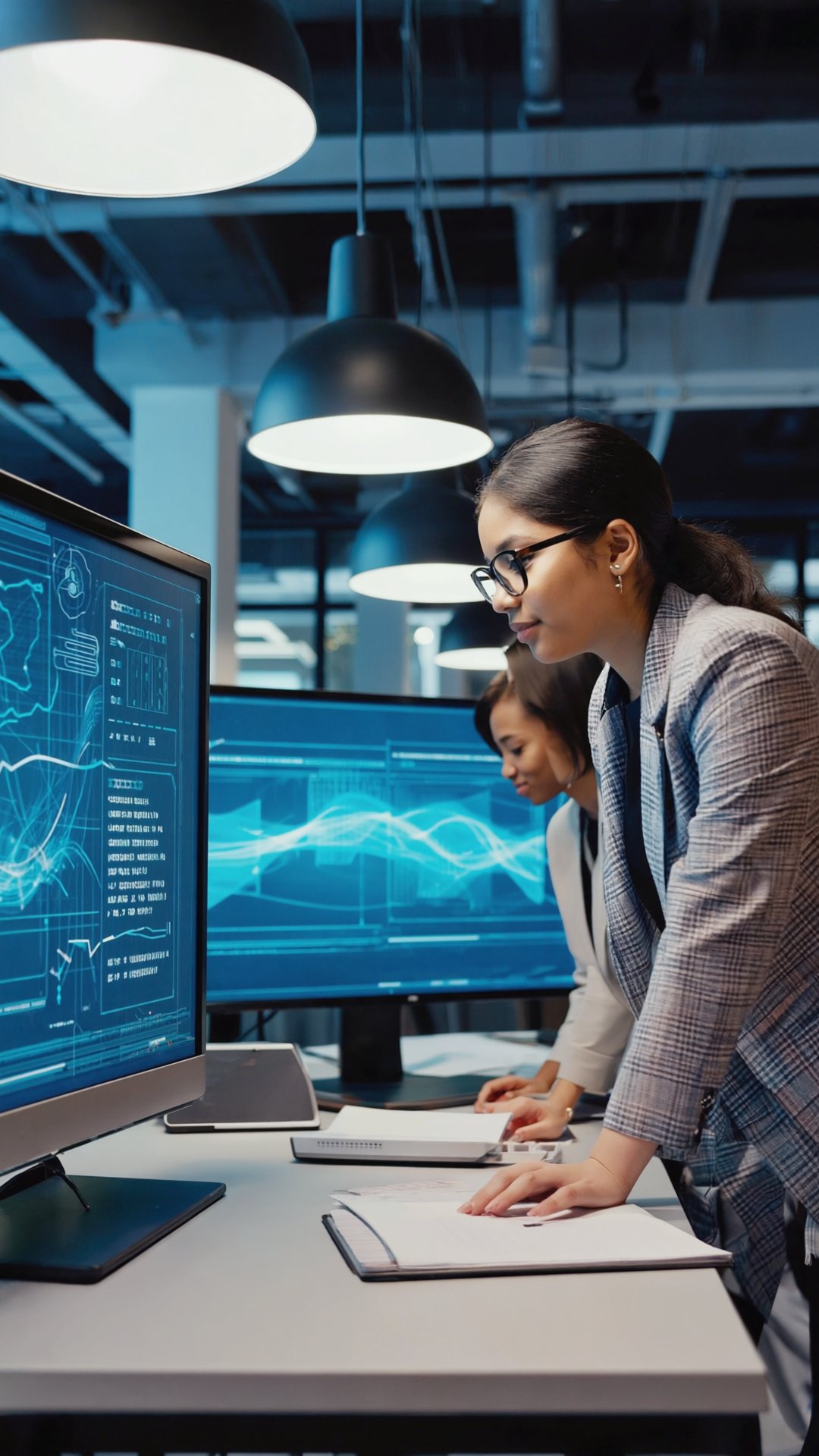 Engineer reviewing complex data on high-performance workstation monitors