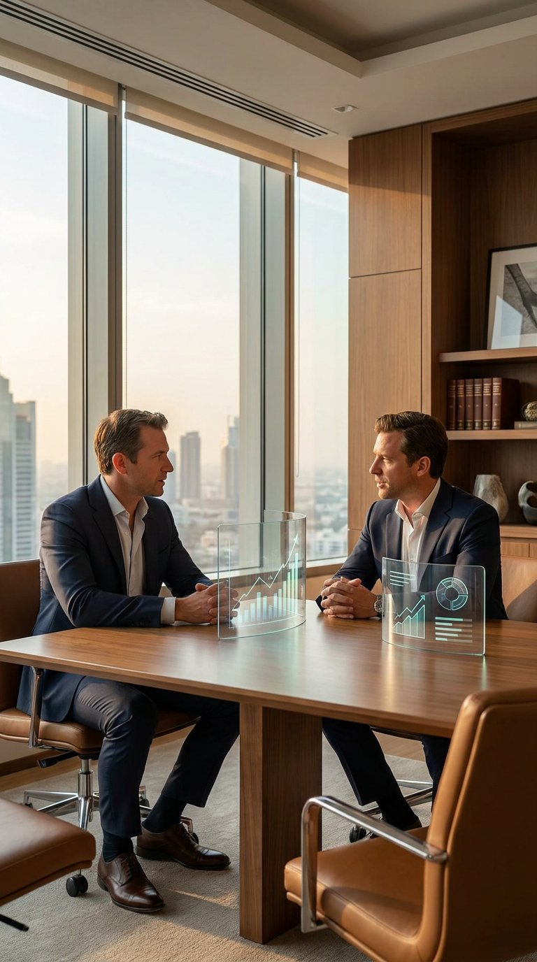 Financial advisors discussing investment data with holographic charts
