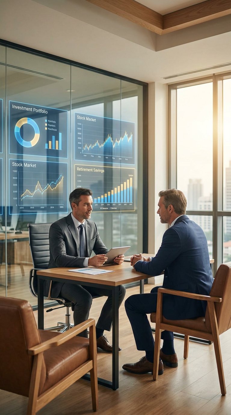 Financial advisor reviewing investment portfolio and stock market data with a client