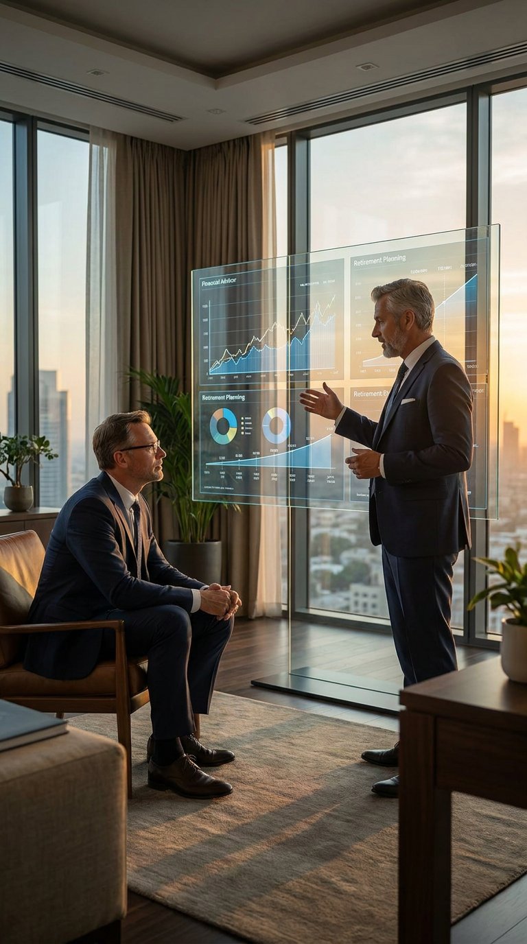 Financial advisor presenting data dashboards and retirement planning charts to a client