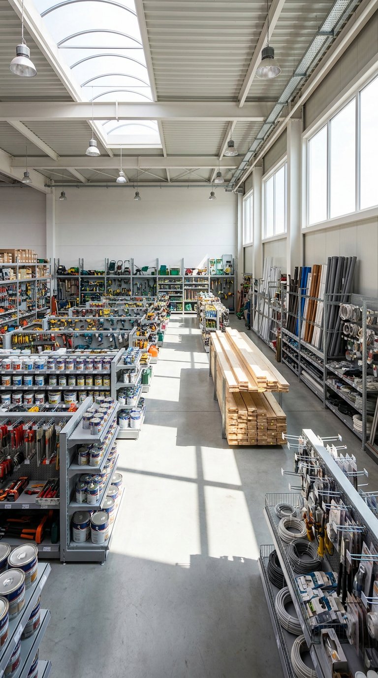Hardware store interior with well-organized shelves of tools, paint, and supplies