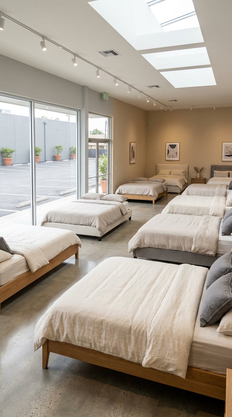 Clean, modern mattress showroom with bright natural lighting — a typical franchise retail location