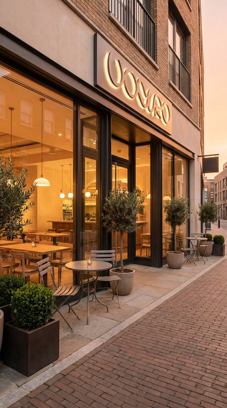 Modern restaurant franchise storefront at dusk with warm interior lighting