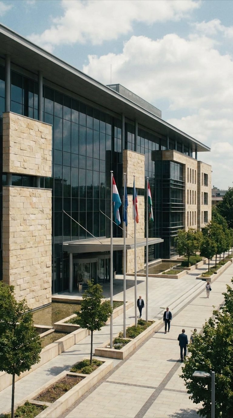 Modern government building with stone and glass facade
