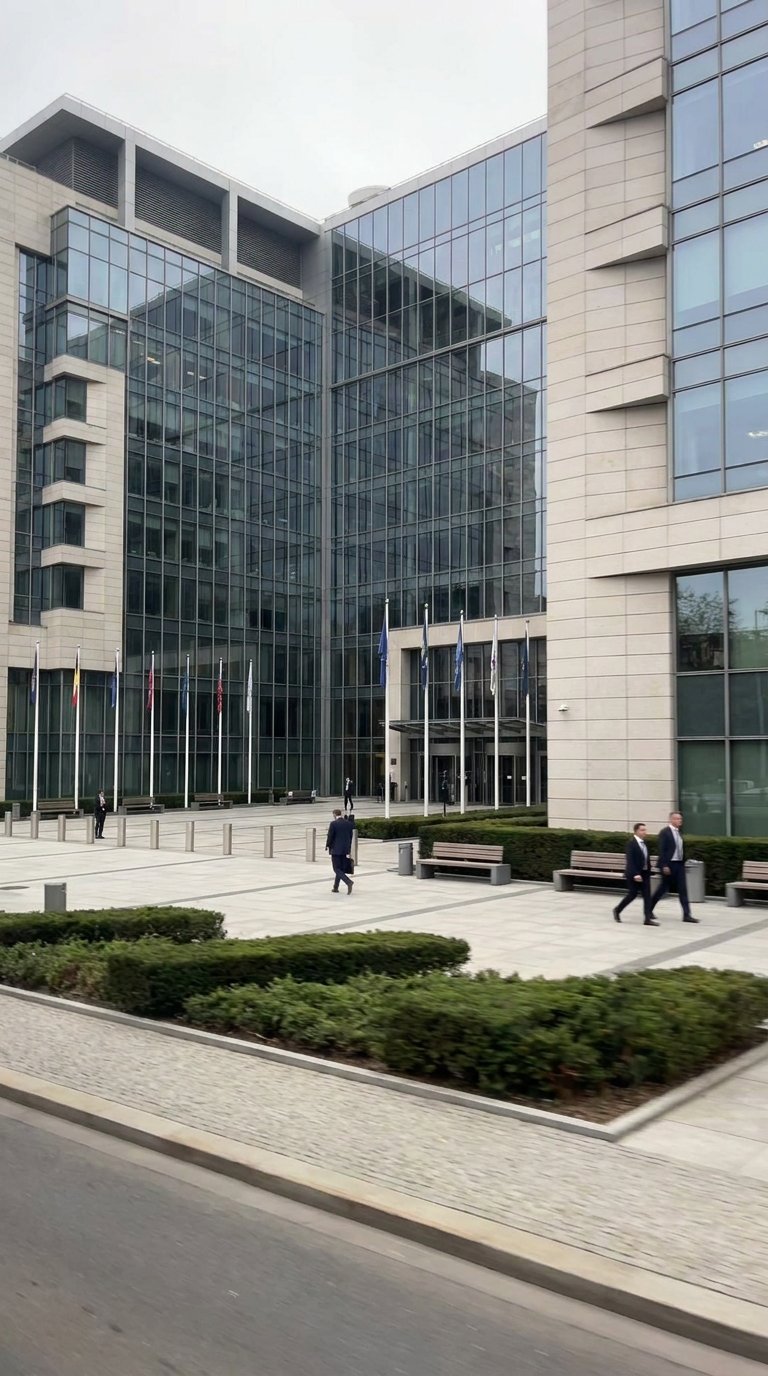 Contemporary government building exterior with national flags