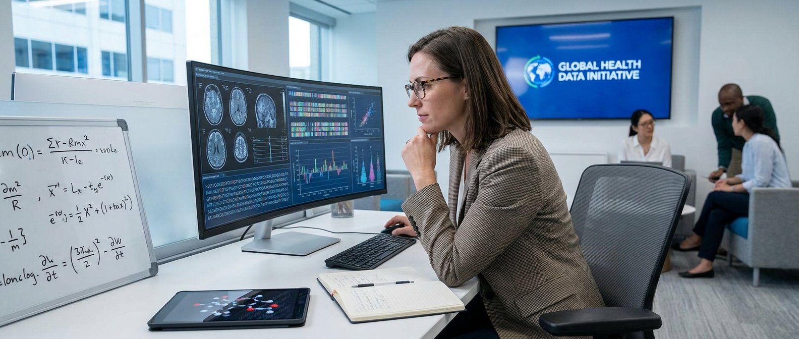 Healthcare researcher analyzing medical data and brain scans at workstation