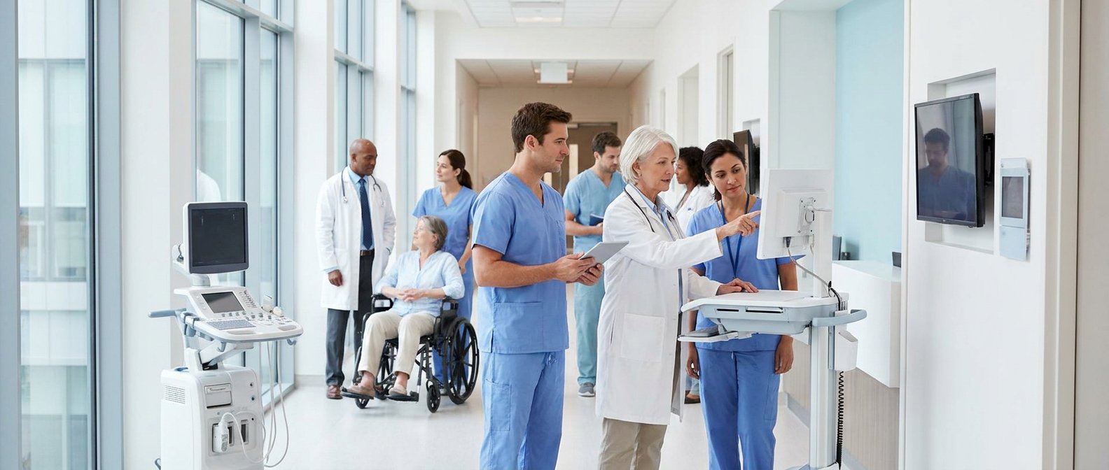 Healthcare professionals reviewing patient data on hospital monitors