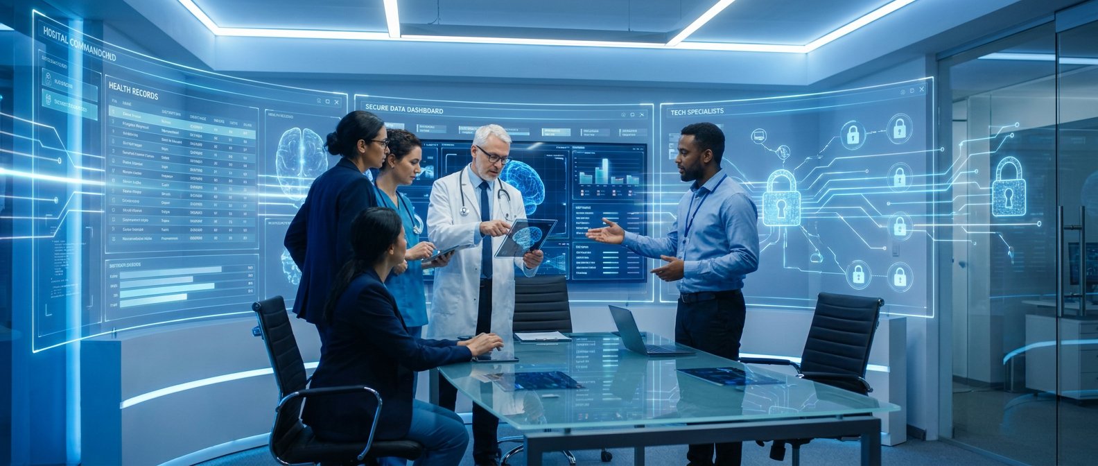 Healthcare IT team reviewing secure data dashboards and health records