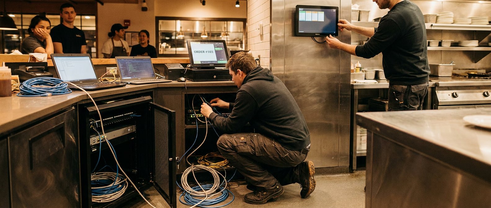 IT engineer setting up restaurant network infrastructure and ticketing system