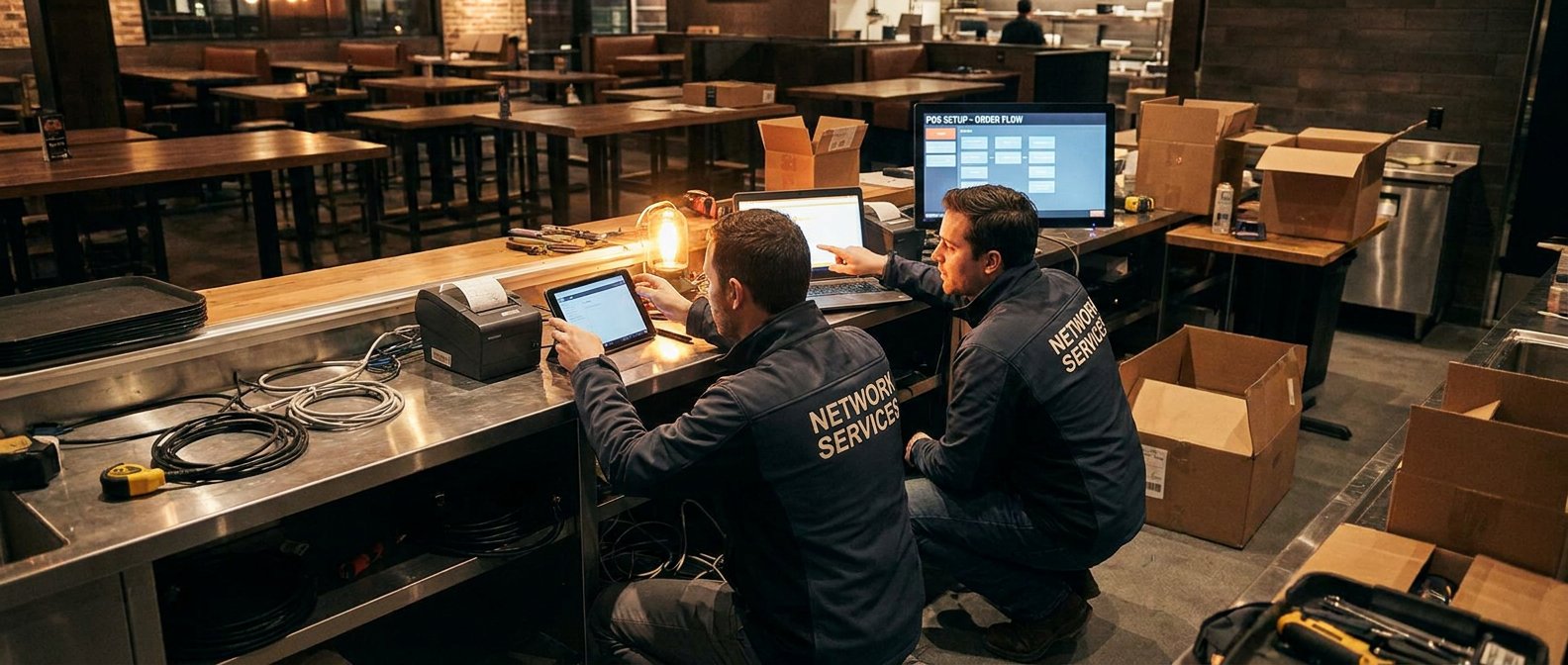Network services technicians configuring POS order flow system in a restaurant