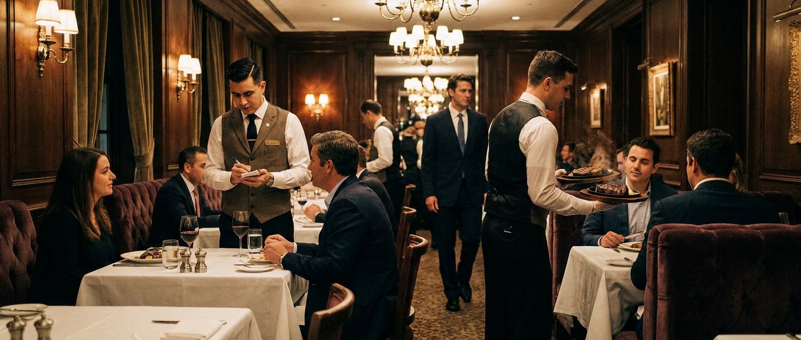 Servers taking orders and delivering steaks in an upscale hotel restaurant