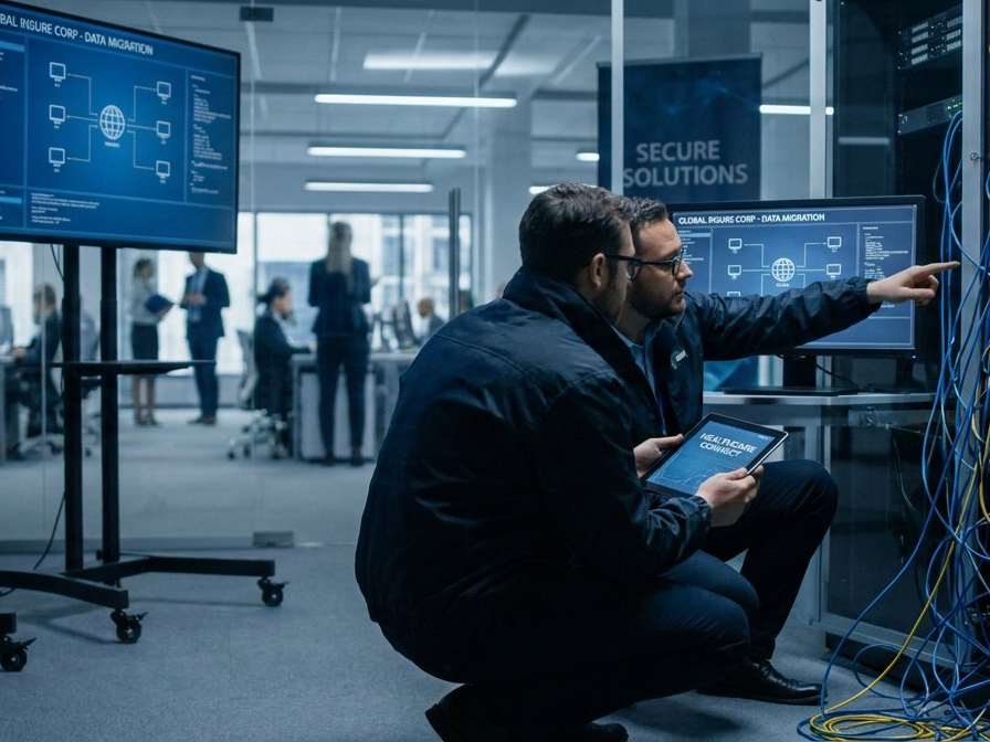 Network engineers configuring secure data migration systems for insurance company