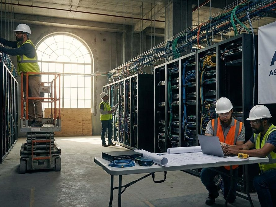 Network engineers installing and configuring server infrastructure for insurance company
