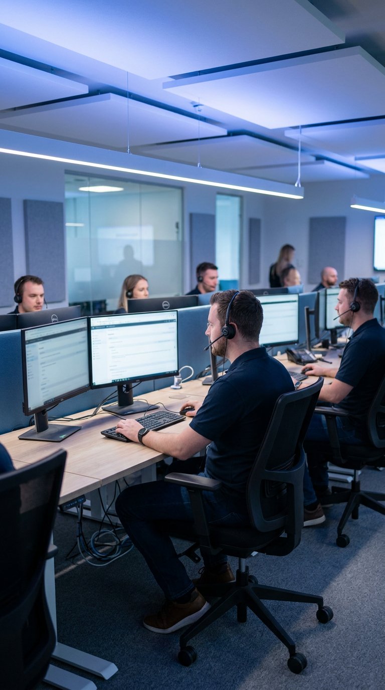 DTCloudOn IT support team working at helpdesk stations with dual monitors and headsets