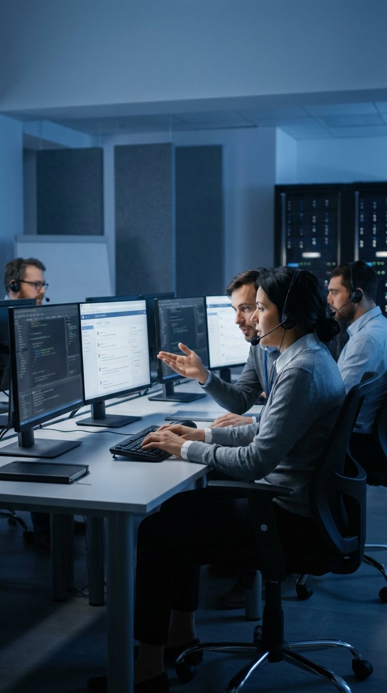 DTCloudOn IT support specialists collaborating at workstations with server room in background