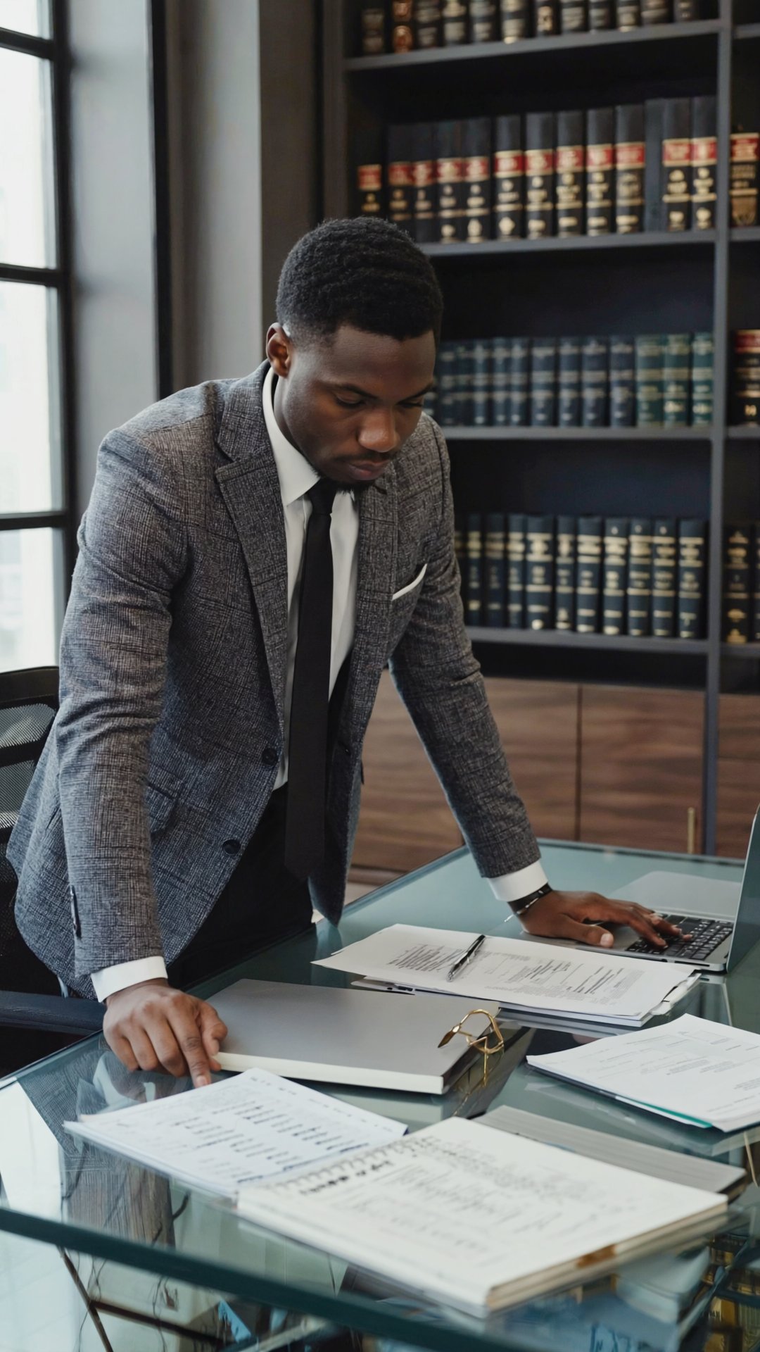 Attorney reviewing legal documents in a law office