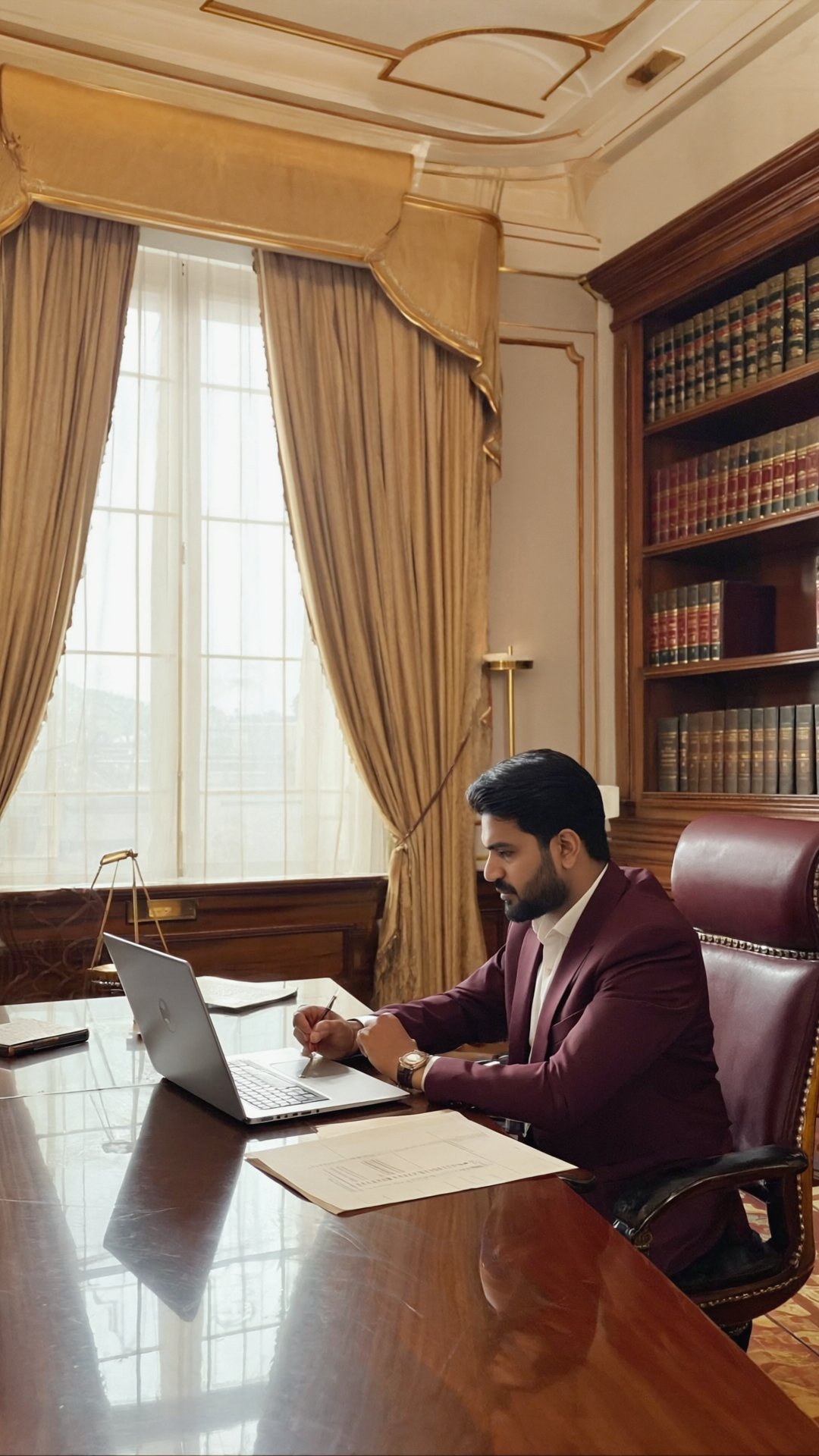 Lawyer working on a legal brief at a desk with law books