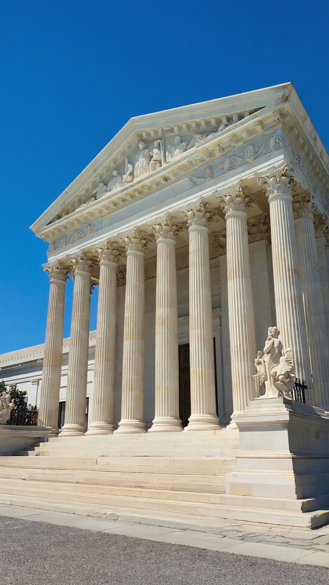 Courthouse exterior with classical columns against blue sky