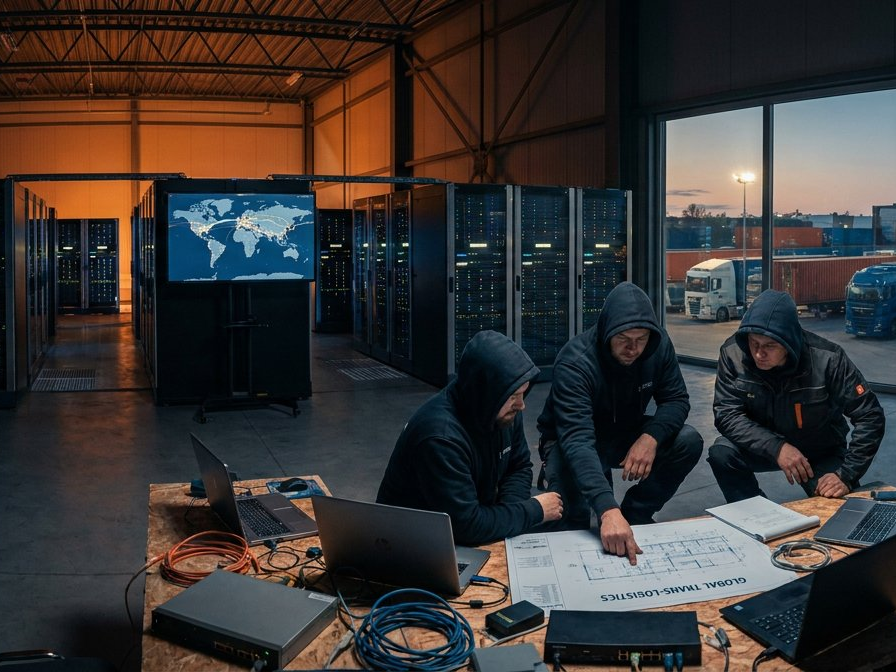 Logistics IT team reviewing supply chain network plans with fleet visible outside