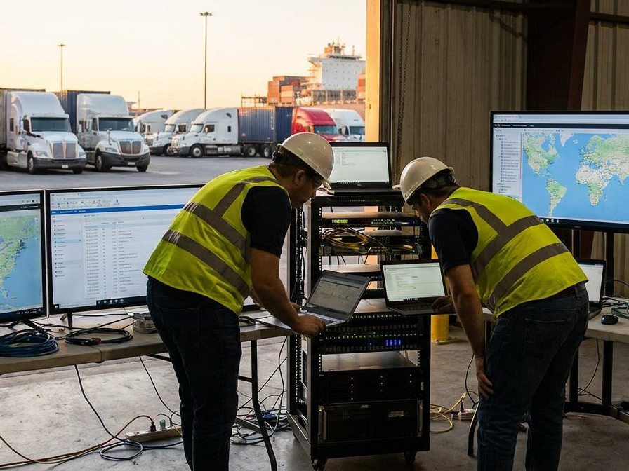 Network engineers configuring fleet tracking and logistics systems at a shipping port