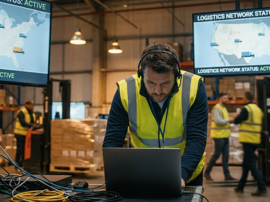 IT technician managing logistics network status in an active warehouse