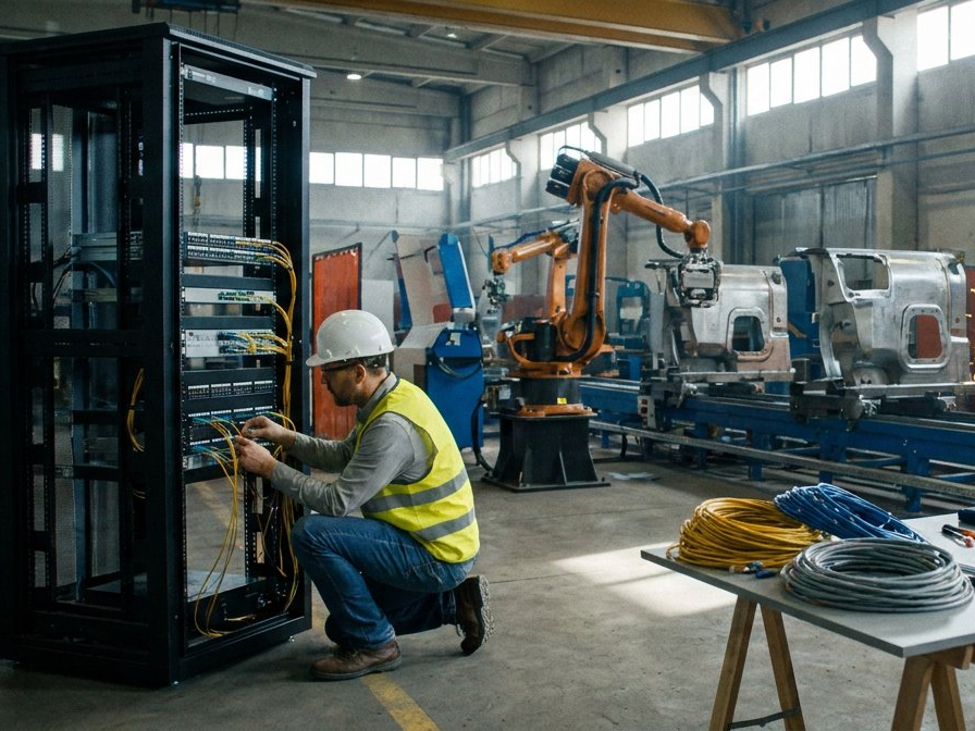 IT engineer configuring server rack on active manufacturing floor with robotic automation