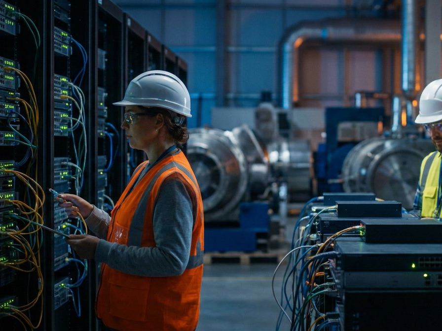 Industrial IT team installing and managing server infrastructure in a manufacturing facility