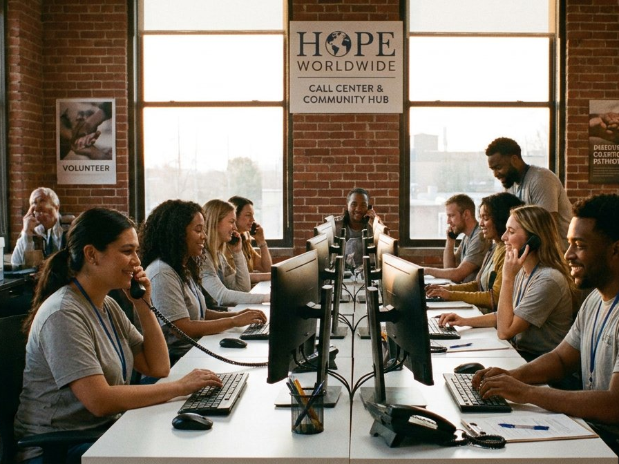Non-profit volunteers working at a community call center and hub