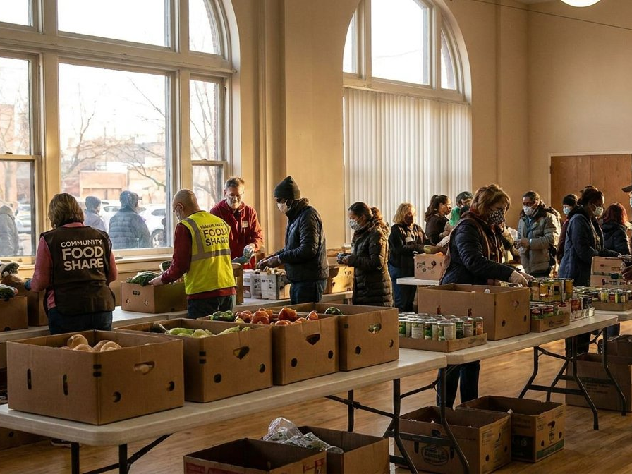 Community volunteers distributing food at a non-profit food share event