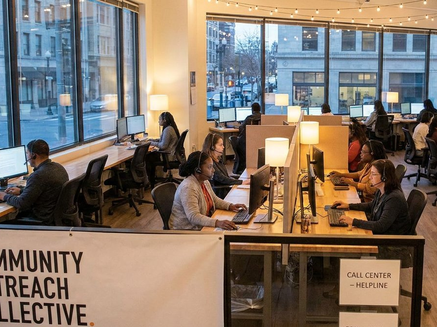 Community Outreach Collective staff working at a helpline call center