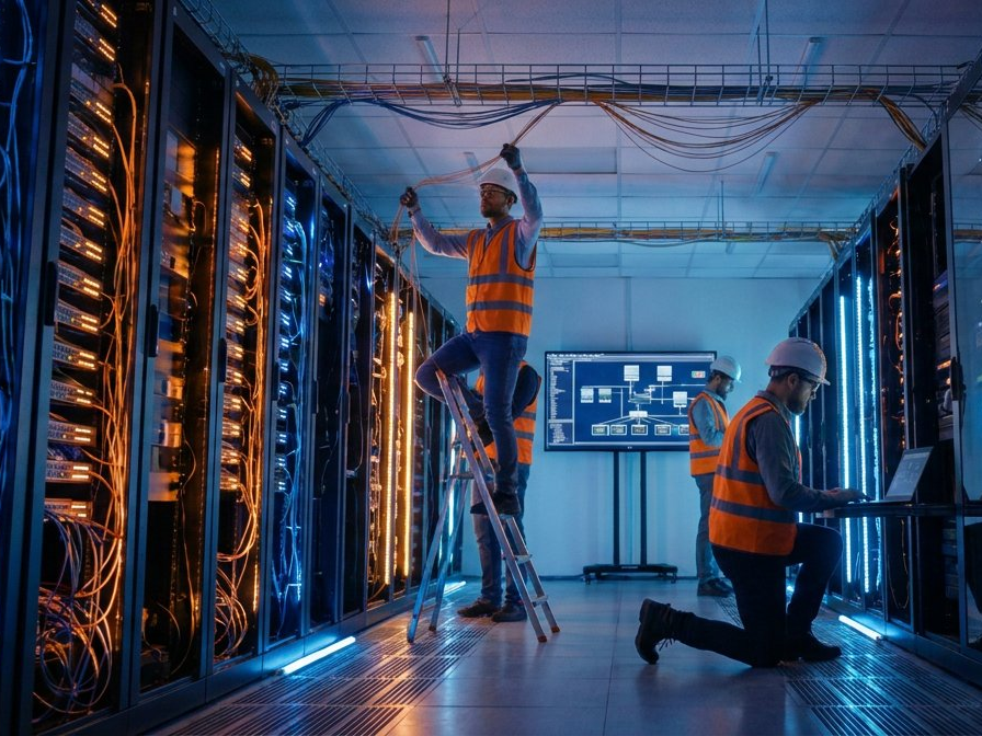Data center team installing and managing server infrastructure with network diagrams on screen