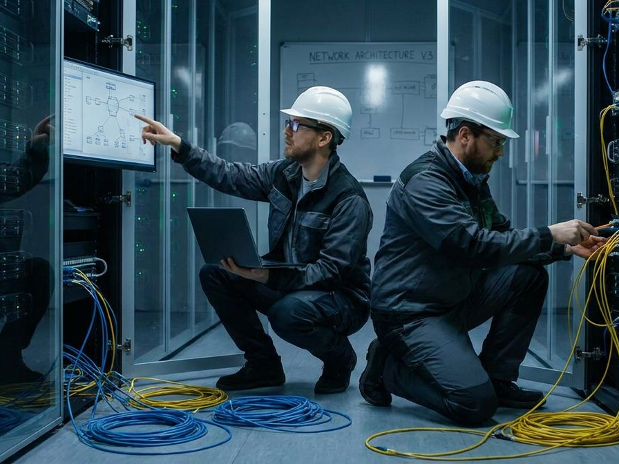 IT engineers configuring server infrastructure with network architecture diagrams