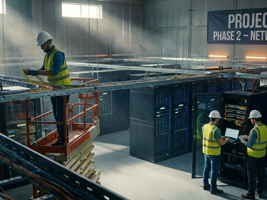 Large-scale network infrastructure build with engineers at server racks in a data center facility