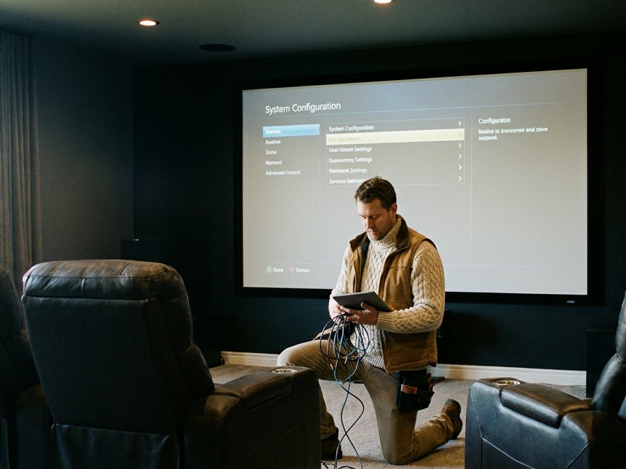 IT technician configuring smart home theater system with projection screen and server rack