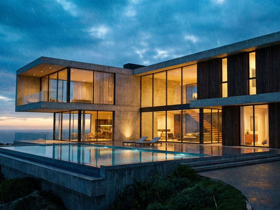 Modern luxury mansion with infinity pool at dusk overlooking the ocean