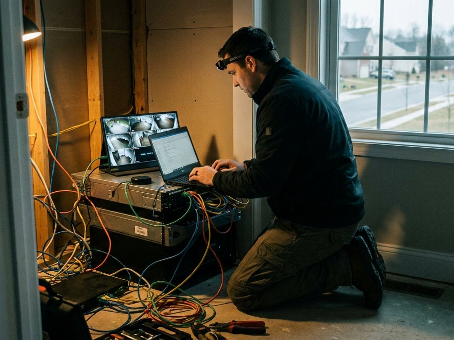 IT technician installing and configuring home network and security system