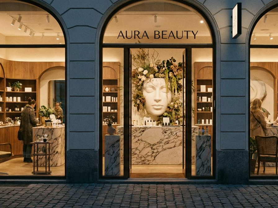 Elegant cosmetic retail storefront with warm lighting and customers browsing beauty products
